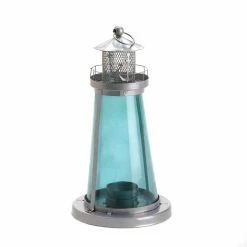Flash Sale 👍 9.5" Silver Lighthouse with Blue Glass Candle Lantern by Zingz & Thingz 💯