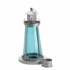 Flash Sale 👍 9.5" Silver Lighthouse with Blue Glass Candle Lantern by Zingz & Thingz 💯 -Zingz and Thingz Shop D297180S 3