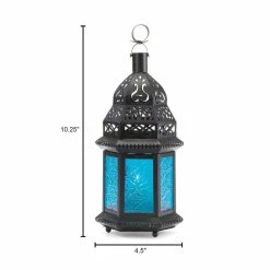 Cheapest 🥰 10" Black Moroccan Style Hanging Candle Lantern with Etched Blue Glass by Zingz & Thingz 😀 -Zingz and Thingz Shop D297530S 3