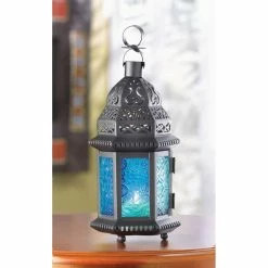 Cheapest 🥰 10" Black Moroccan Style Hanging Candle Lantern with Etched Blue Glass by Zingz & Thingz 😀 -Zingz and Thingz Shop D297530S 6